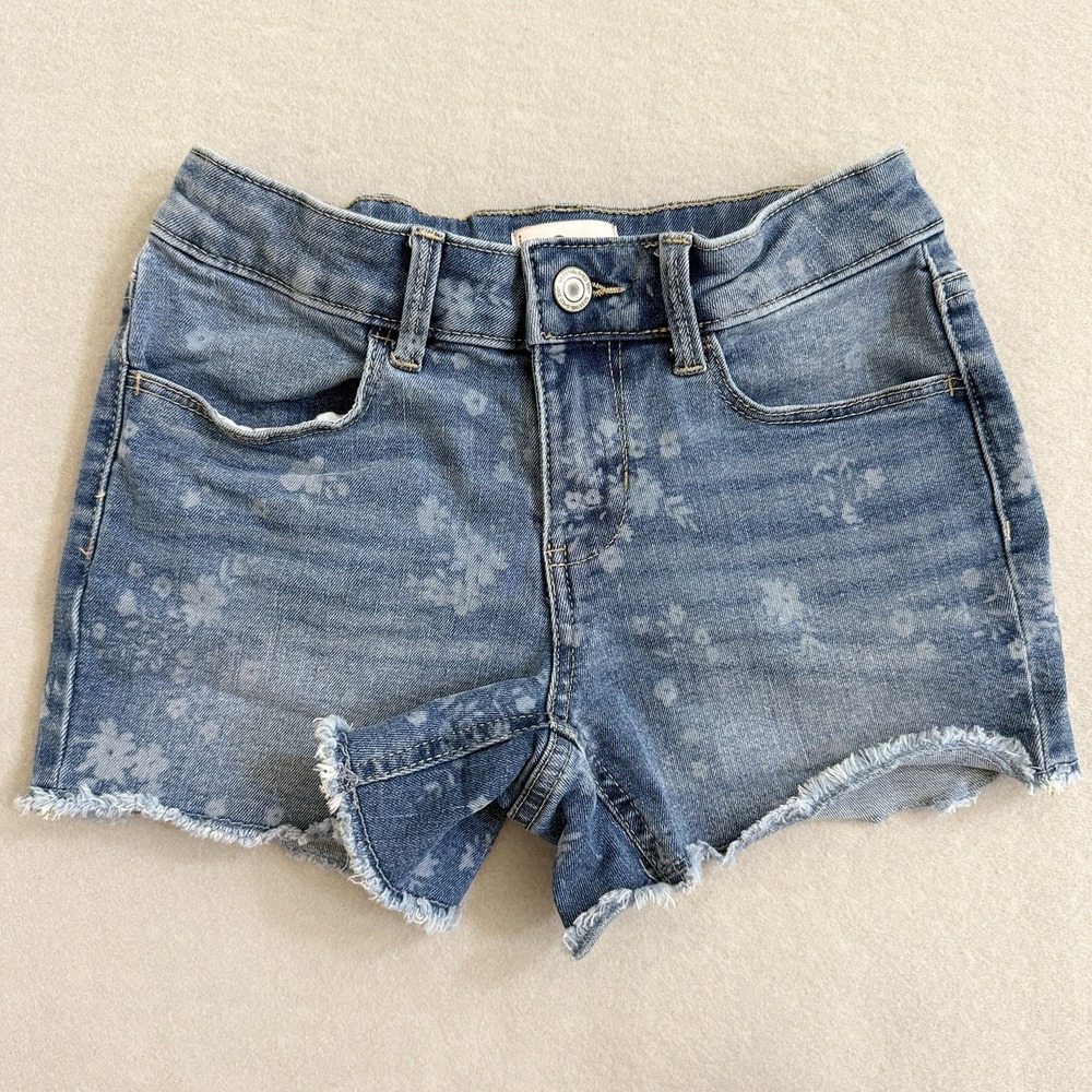 SO Girls Denim Shorts w/Floral Pattern & Frayed Hems Adj Waist Cutoffs Sz 10